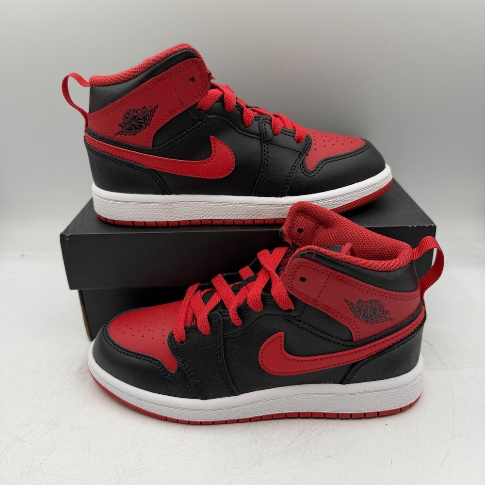 Nike Air Jordan 1 Mid Shoes Little Kids Sz 13.5 C Black Red Sneakers DQ8424-060